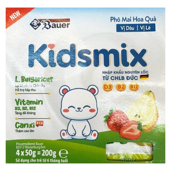 Lốc 4 Phô Mai Hoa Quả Kids Mix Dâu Lê 50G