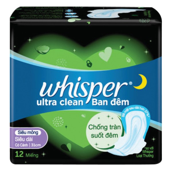 Băng Vệ Sinh Whisper Siêu Mỏng Siêu Dài Đêm 31Cm 12 Miếng