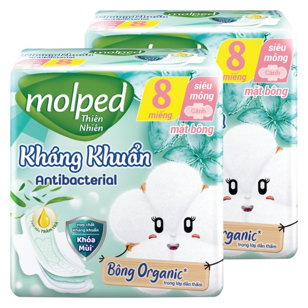 Lô 2 Băng Vệ Sinh Molped Tự Nhiên Kháng Khuẩn Siêu Mỏng Cánh 8 Miếng