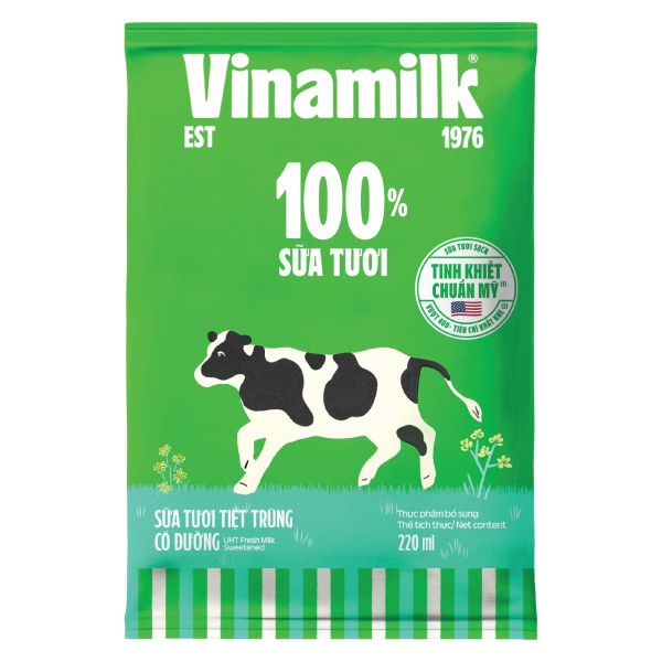 Sữa Tươi Tiệt Trùng Vinamilk 100% Có Đường Bịch 220Ml