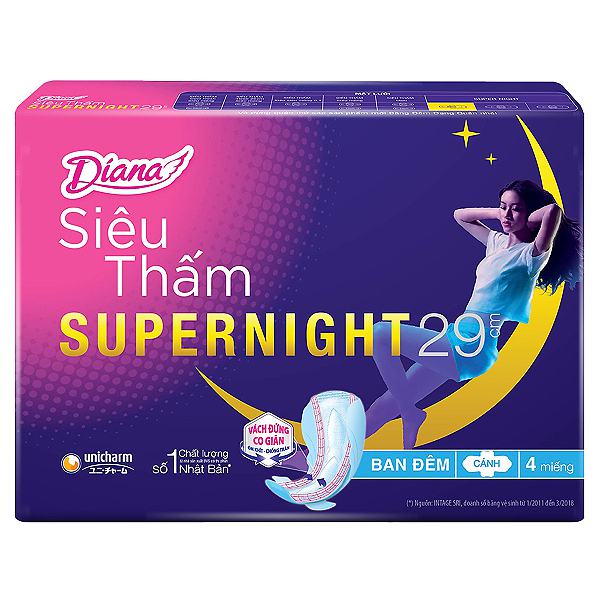 Băng Vệ Sinh Diana Super Night Có Cánh 29Cm Gói 4 Miếng