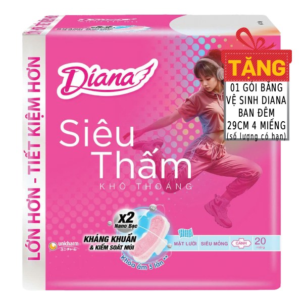 Băng Vệ Sinh Diana Siêu Thấm Siêu Mỏng Cánh Gói Lớn 20 Miếng