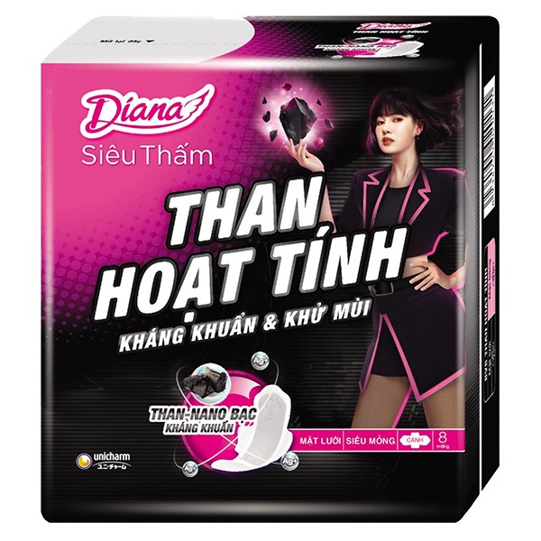 Băng Vệ Sinh Diana Siêu Thấm Than Hoạt Tính Mặt Lưới Siêu Mỏng Cánh 8 Miếng