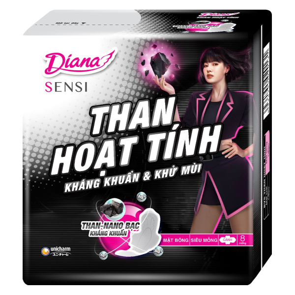 Băng Vệ Sinh Diana Sensi Than Hoạt Tính Mặt Bông Siêu Mỏng Cánh 8 Miếng