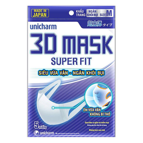 Khẩu Trang Unicharm 3D Ngăn Khói Bụi Size M Bịch 5 Cái