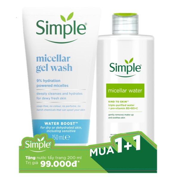 Combo Sữa Rửa Mặt Simple Cho Da Khô 150Ml Tặng Kèm Nước Tẩy Trang 200Ml
