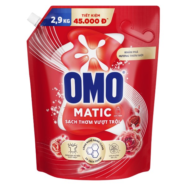 Nước Giặt Omo Matic Cửa Trên Sạch Sâu Vượt Trội Túi 2.9Kg