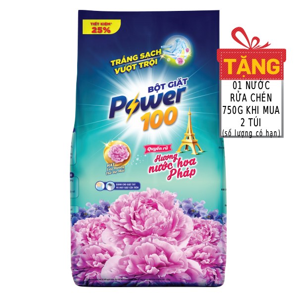 Bột Giặt Power 100 Hương Nước Hoa Pháp Quyến Rũ Túi 2.6Kg