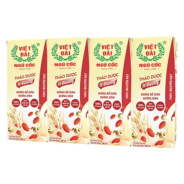 Lốc 4 Sữa Ngũ Cốc Thảo Dược Việt Đài Ít Đường Hộp 180Ml