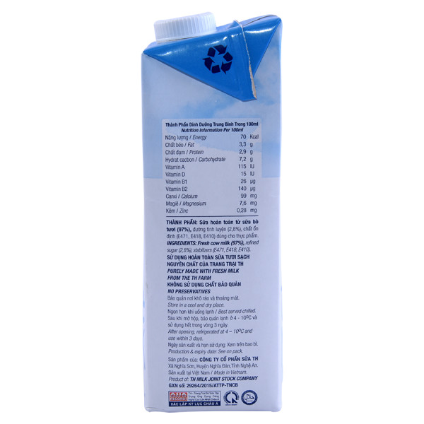 Sữa Tươi Tiệt Trùng TH True Milk Ít Đường Hộp Giấy 1L