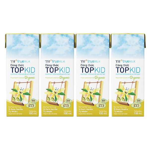 Lốc 4 Sữa Tươi Tiệt Trùng TH True Milk Top Kid Organic Kem Vani Hộp 180Ml