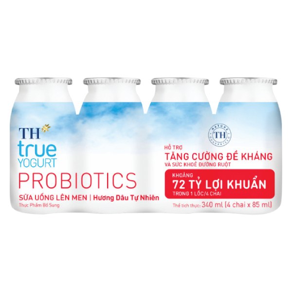 Lốc 4 Sữa Chua Uống Lên Men TH True Yogurt Probiotics Dâu 85Ml