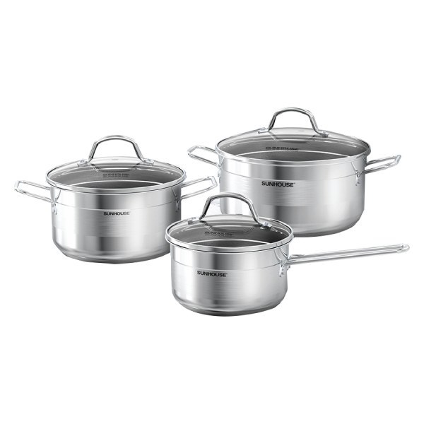 Bộ 3 Nồi Inox Sunhouse 5 Đáy Bếp Từ 16+20+24Cm