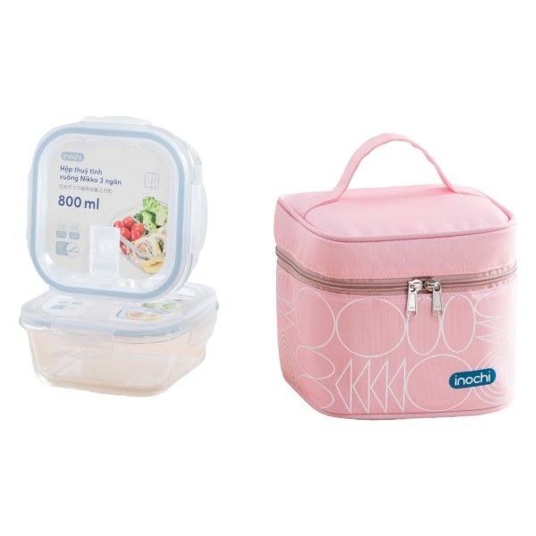 Bộ Túi 2 Hộp Cơm Thủy Tinh Inochi Nikko Vuông Yoshino 800Ml
