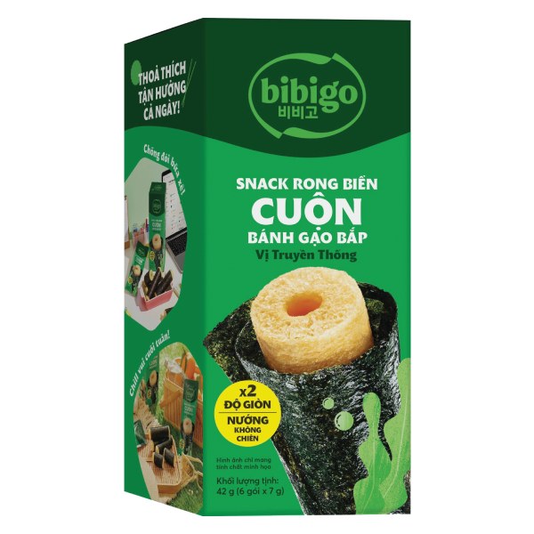 Snack Rong Biển Bibigo Cuộn Bánh Gạo Bắp Truyền Thống Hộp 42G