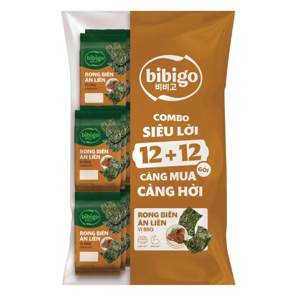 Lốc 12+12 Rong Biển Bibigo Vị BBQ Gói 4G