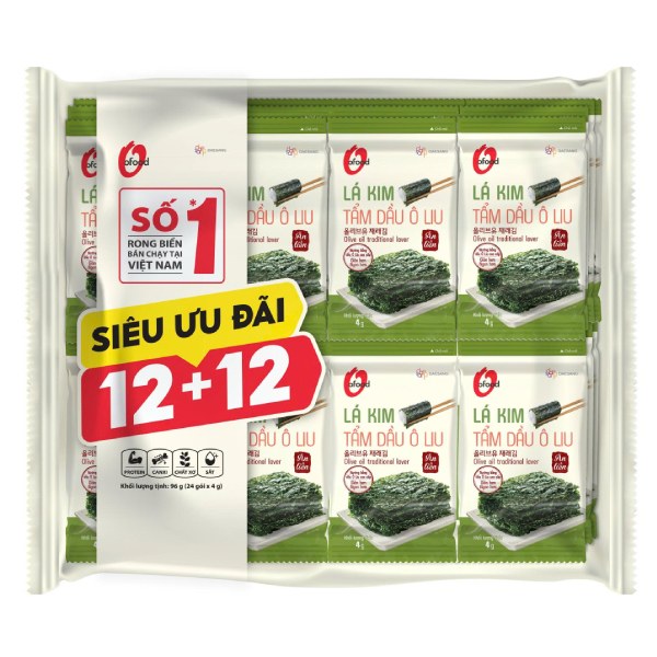 Lốc 12+12 Rong Biển Lá Kim O'Food Tẩm Dầu Ôliu 4G