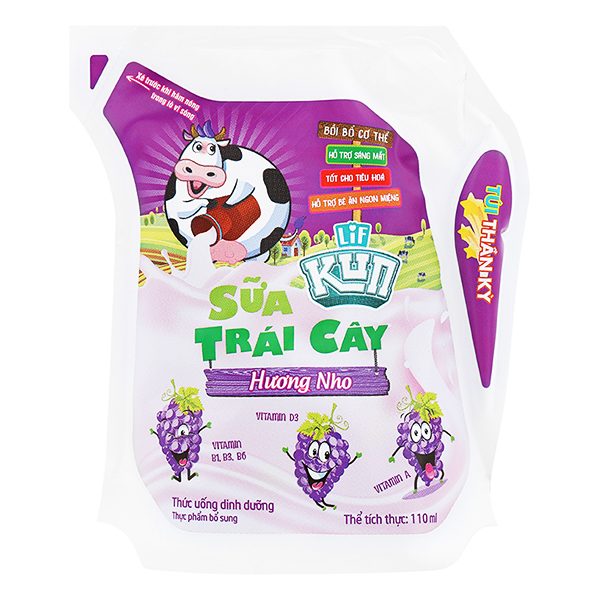 Sữa Chua Uống Tiệt Trùng Lif Kun Nho Túi 110Ml