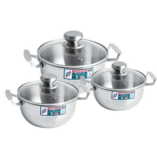 Bộ Nồi Inox 430 Đáy Từ Nắp Kính Tithafac TF05 16Cm + 18Cm + 22Cm