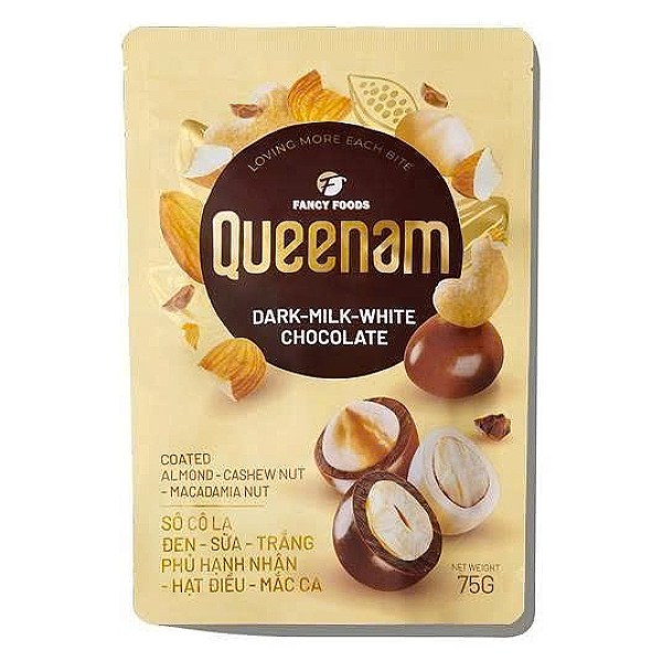 Socola Queenam Đen - Sữa - Trắng Phủ Hạt Gói 75G