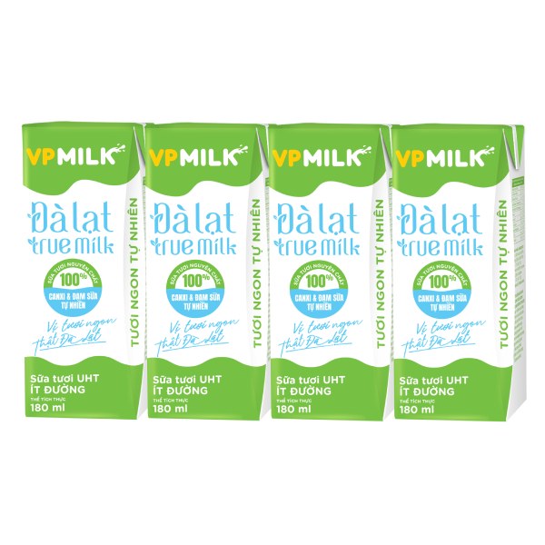 Lốc 4 Sữa Tươi Tiệt Trùng VP Milk Đà Lạt True Milk Ít Đường 180Ml