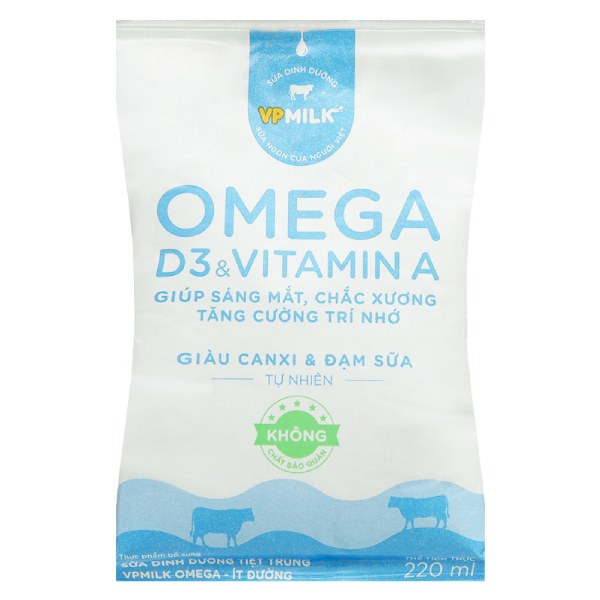 Sữa Dinh Dưỡng Tiệt Trùng VP Milk Omega Ít Đường Bịch 220Ml
