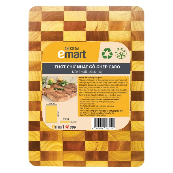 Thớt Gỗ Ghép Caro Emart Chữ Nhật 23*32Cm