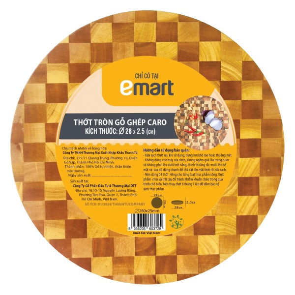 Thớt Gỗ Ghép Caro Emart Tròn 28*2.5Cm