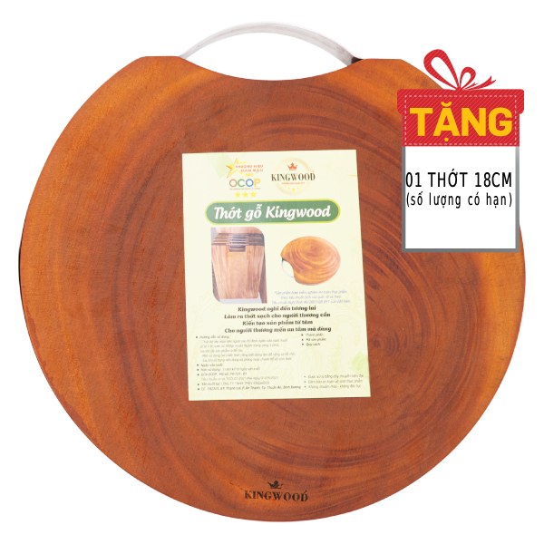 Thớt Tròn Gỗ Xà Cừ Cầm Tay Inox Kingwood 25*2.5Cm