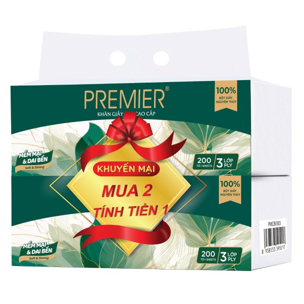 Lô 1+1 Khăn Giấy Lụa Premier VinaTissue 200 Tờ 3 Lớp