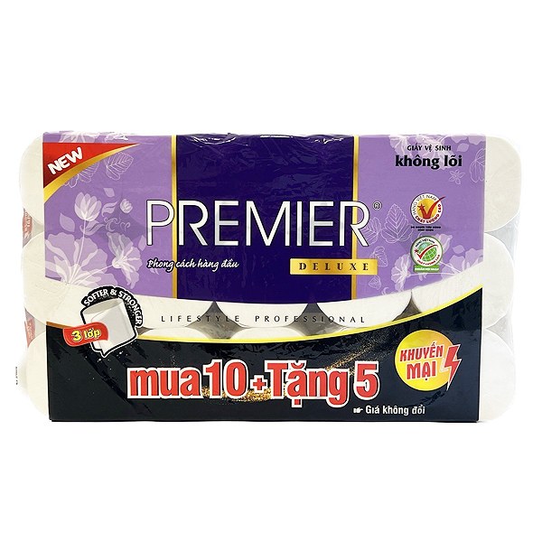 Lốc 10+5 Cuộn Giấy Vệ Sinh Premier Deluxe Không Lõi