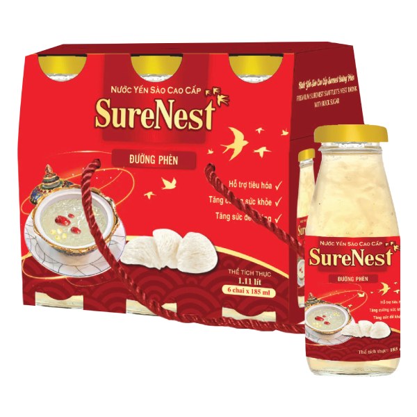 Hộp 6 Nước Yến SureNest Đường Phèn Chai 185Ml