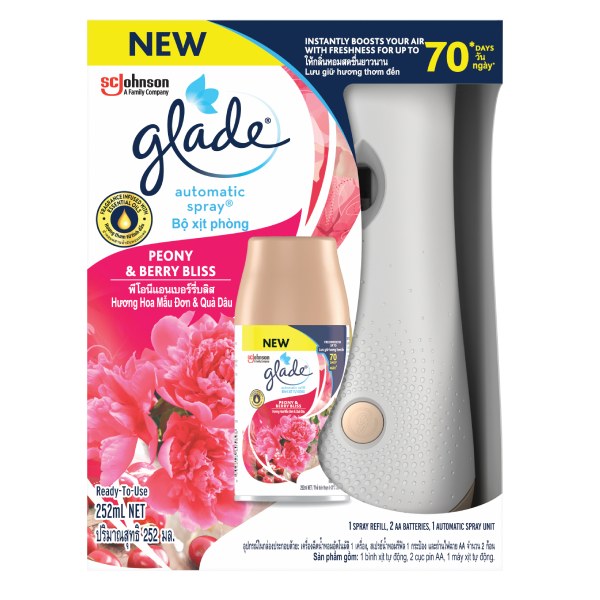 Bộ Xịt Tự Động Glade Hương Mẫu Đơn & Dâu 252Ml